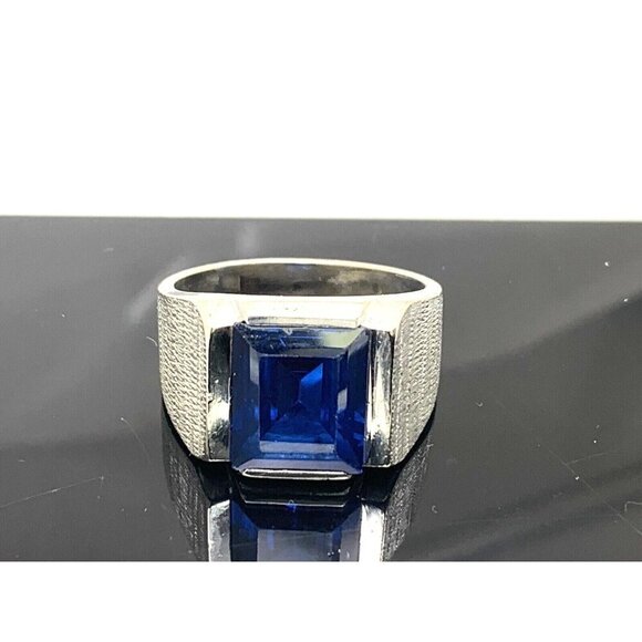 Statement Ring 14k White Gold Blue Gemstone Cocktail Vintage Men's Size 9.75 - Picture 1 of 13